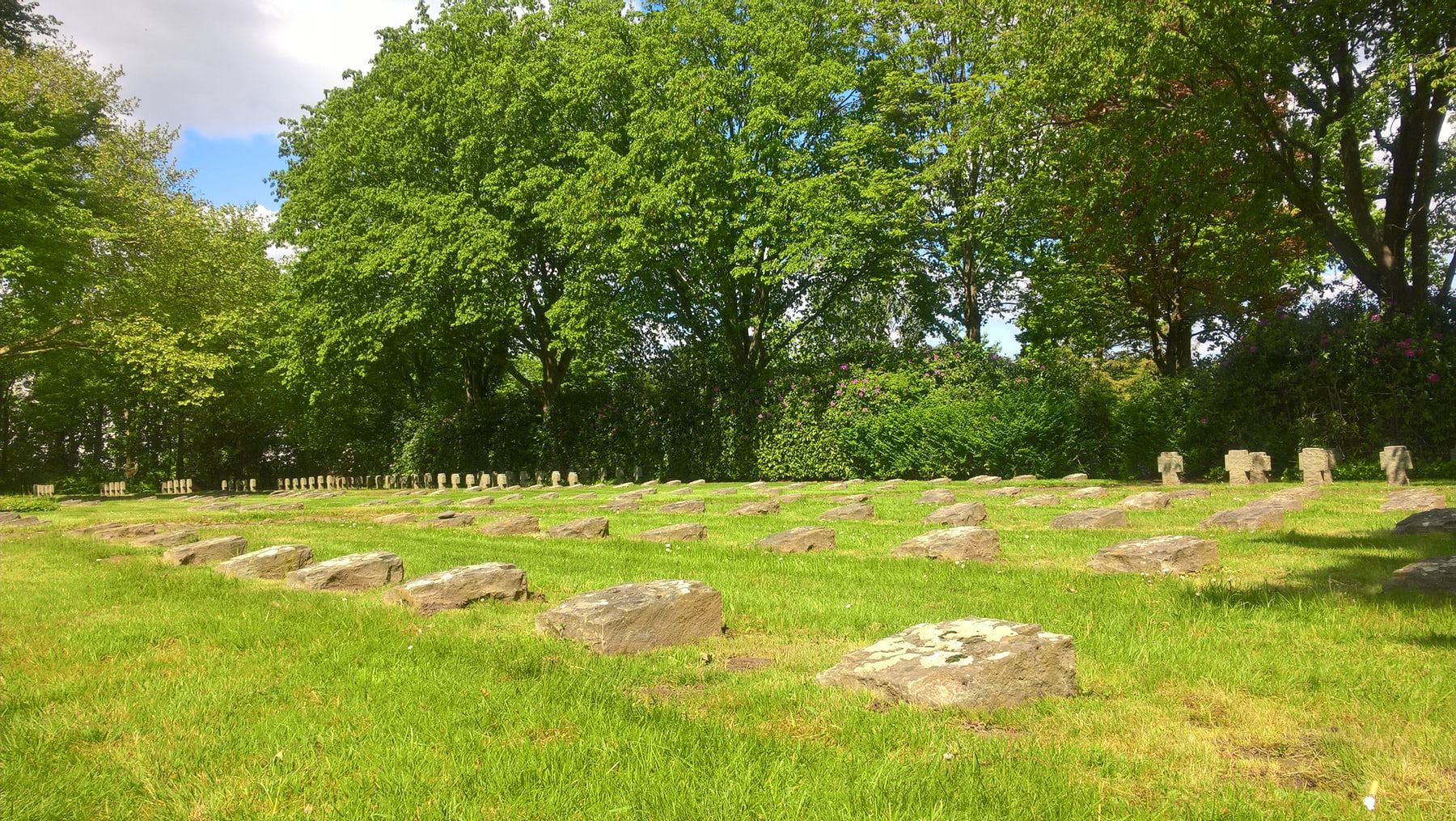 Kriegsgräberfeld des Zweiten Weltkriegs mit Reihen flacher Natursteine im Rasen und gedrungenen Steinkreuzen am Rand auf Südwestfriedhof Essen